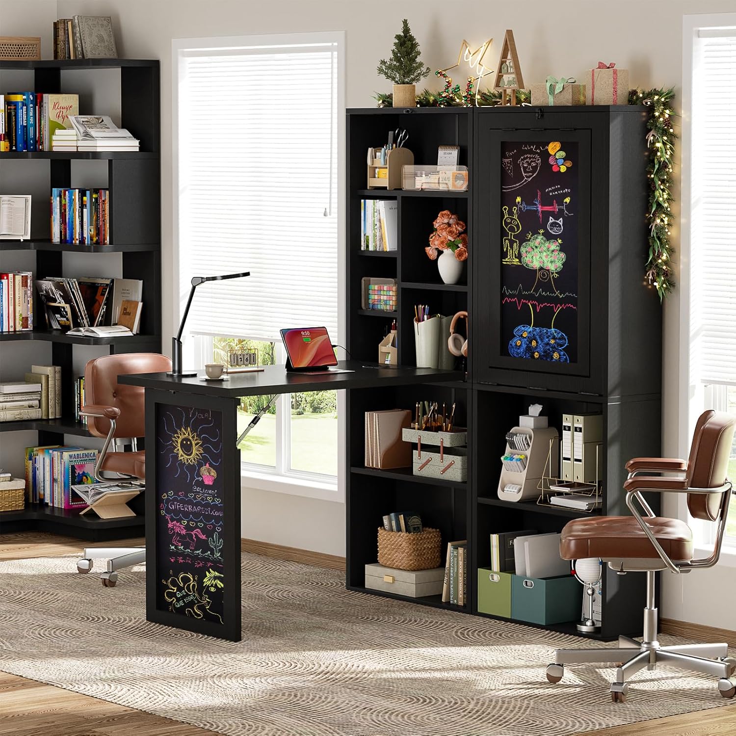 Armocity Small Folding Desk with Outlets, Convertible Writing Desk for Small Spaces/Home Office/Craft Room, Multi-Function Desk Workstation with Blackboard, Fold-Out Cabinet Table, Black