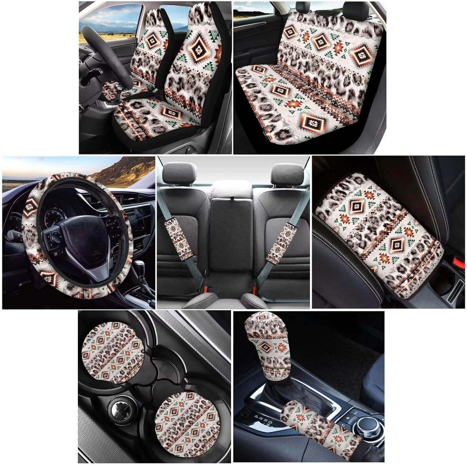 Wanyint 12 PCS Car Seat Cover Set for Women, with Non-Slip Steering Wheel Seatbelt Strap Shoulder Armrest Pad Handbrake Gear Shift Knob Cover Coasters, Aztec Navajo Leopard Print
