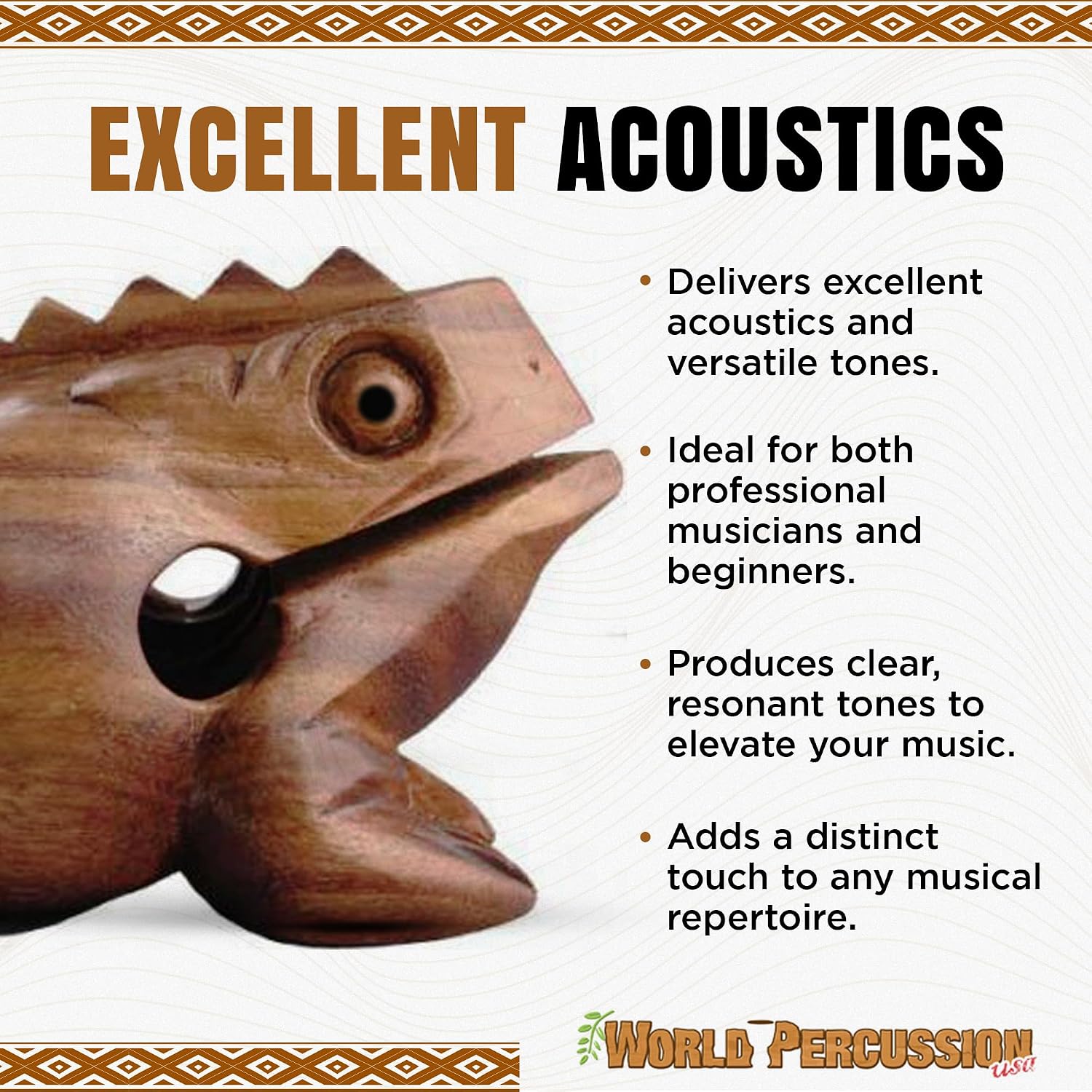Deluxe Medium 4” Wood Frog Guiro Rasp - Percussion Musical Instrument Tone Block - Wooden Instrument with Stick, Frog Noise Maker by World Percussion USA