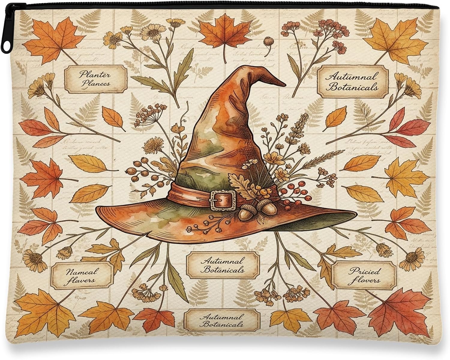 Witch Hat Autumn Botanical Quote Halloween Makeup Bag 7x9 Inch