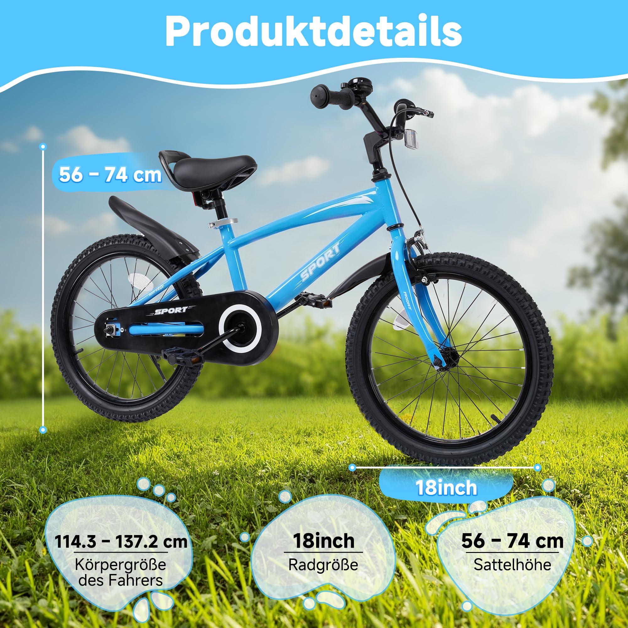 BODIOO Kinderfahrrad 18 Zoll Kinderrad für Jungen und Mädchen mit verstellbarem Sitz, Stützrädern, Handbremse, Rücktrittbremse und stabilem Rahmen für Fahrer von 114-137 cm (Blau)