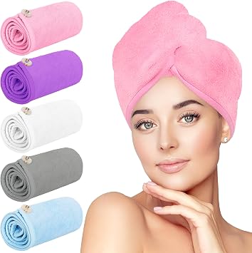 Hair Towel Wrap, 5 Pack Quick Dry Hair Wrap, Highly Absorbent Adjustable Soft Towel Wrap, Anti Frizz Hair Turban with Button & Elastic Loop Hair Towels for Women Wet, Curly, Long Hair