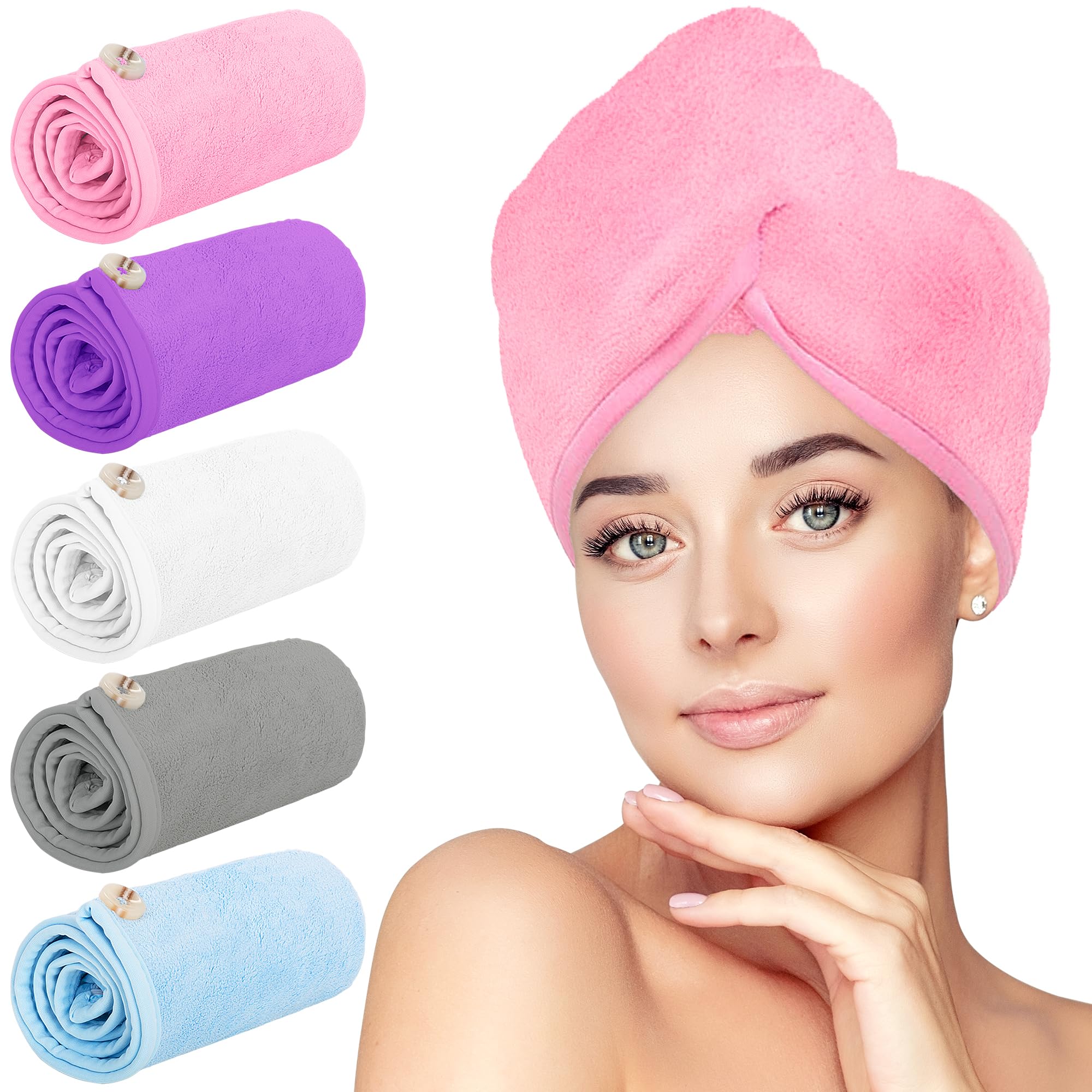 HOMERHYME Hair Drying Towel, 5 Pack Hair Wrap Quick Dry Towels, Highly Absorbent Adjustable Soft Hair Towel Anti Frizz Hair Turban, with Button & Elastic Loop for Drying Wet, Curly, Long Hair