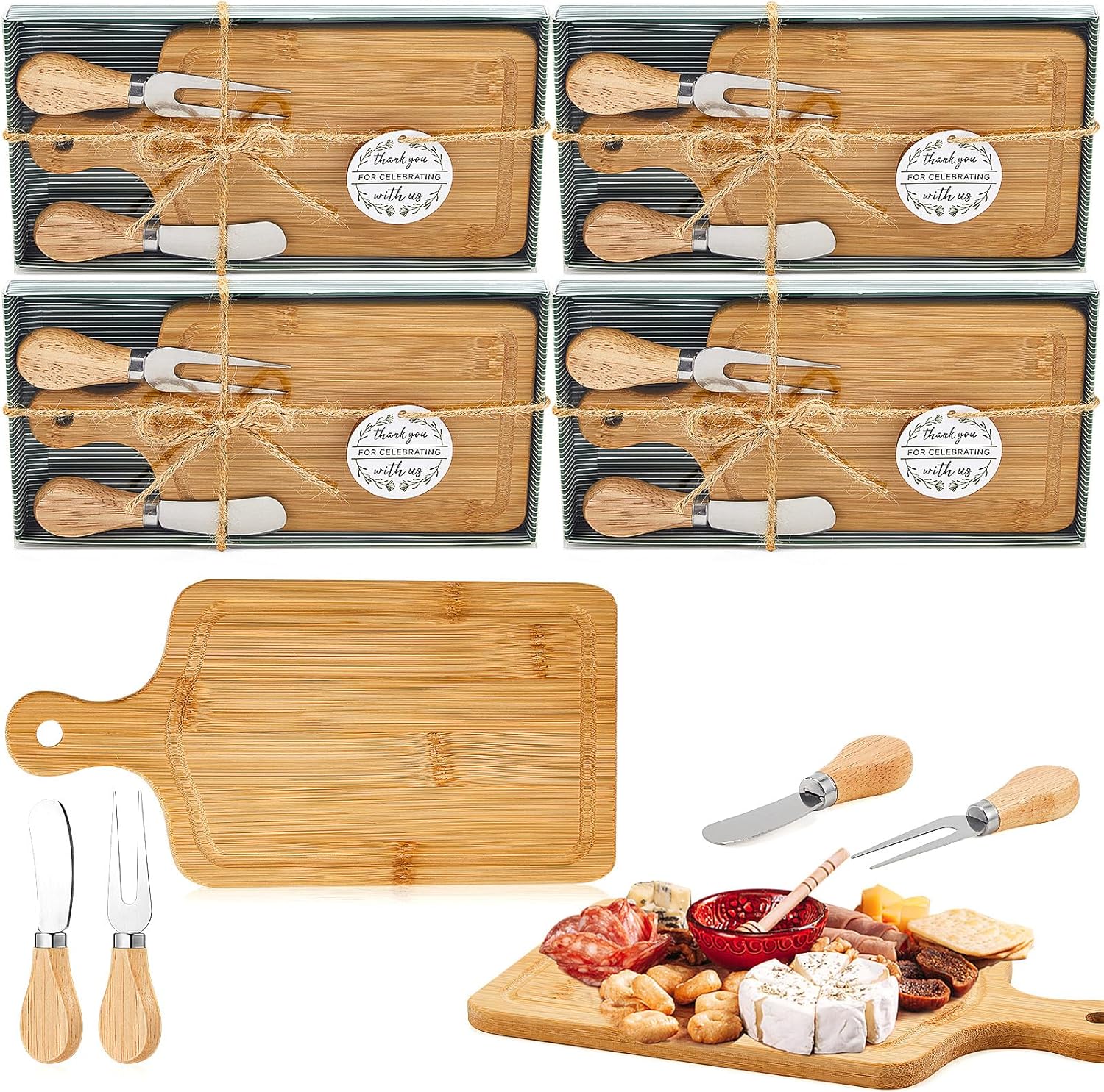 Ziliny 4-Pack Bamboo Cheese Board Set with Knives, Forks, Tags & Boxes - Ideal Bridal Baby Shower Prizes & Guest Gifts