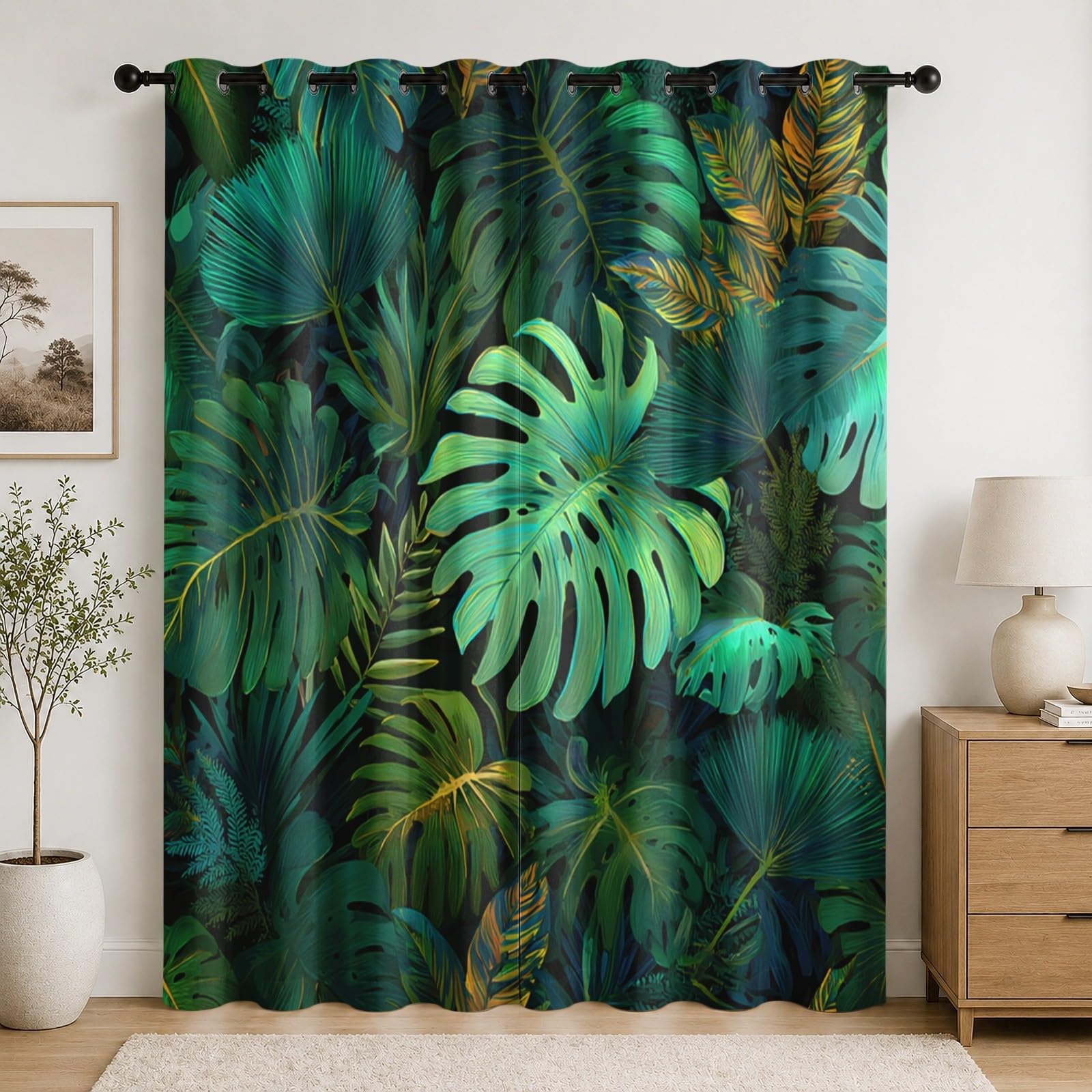 Draperies d’intimité au tissu doux motif feuille de palmier vert moderne