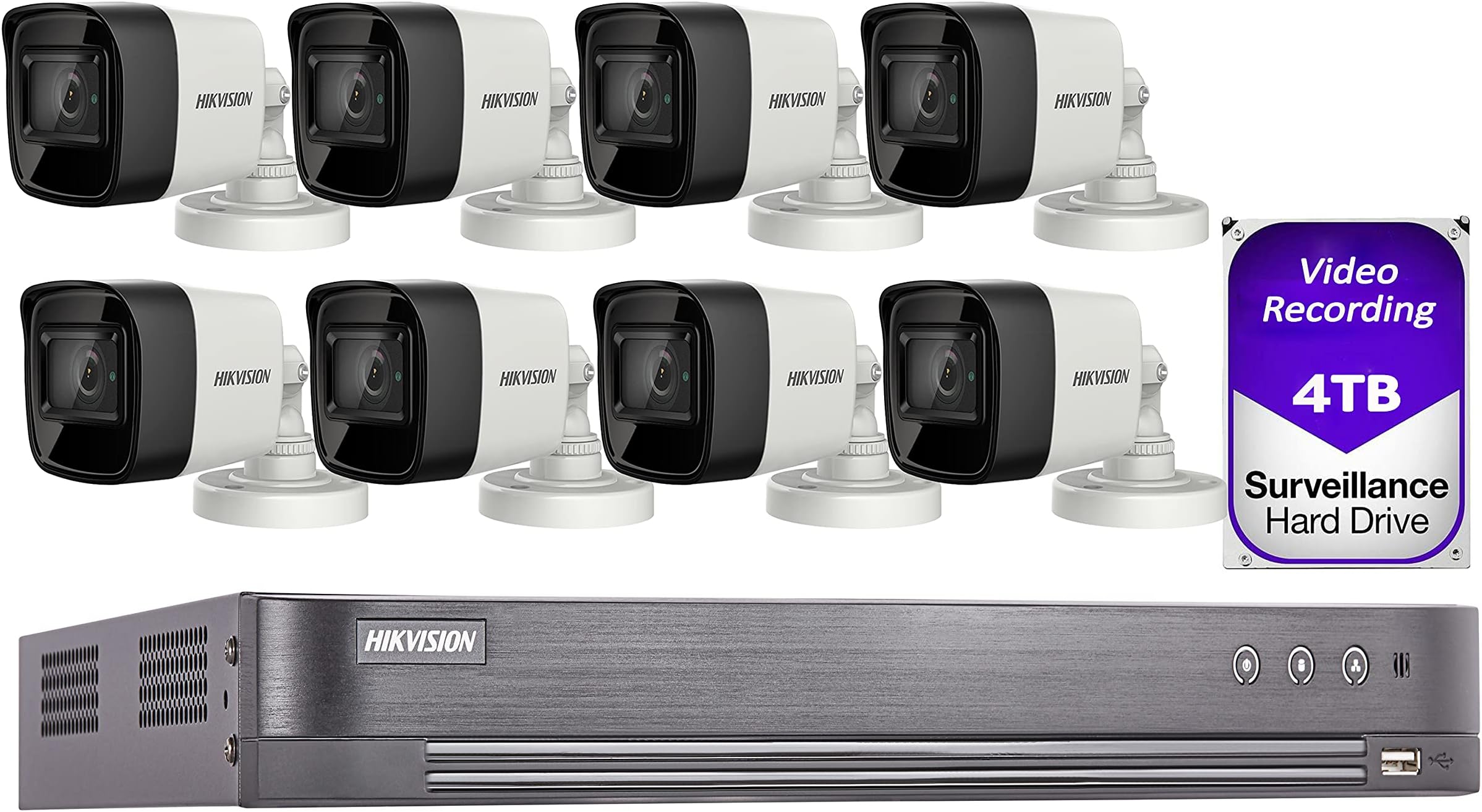 HIK 4K 8MP 16CH TURBO HD Analog CCTV Set: 16CH HVR with 4TB HDD installed and 8MP IR 2.8mm Fixed Lens Outdoor Mini-Bullet Camera x8