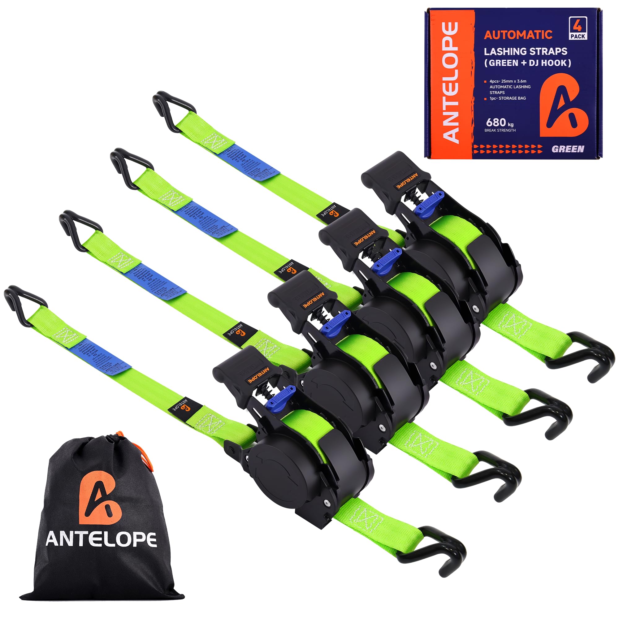 A ANTELOPE Cinghia di serraggio automatica 3,6 m x 25 mm, 4 pezzi Avvolgitori automatici per cinghia di tensione, 340 kg/680 kg, cinghie retrattili con cricchetto e ganci per moto, kayak e camion