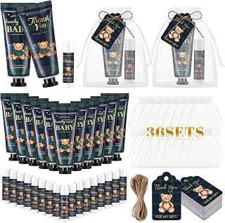 Loopeer 36 Pack Baby Shower Favors Bulk Tartan Plaid Bear Hand Cream Lip Balm Gifts Sets Baby Shower Bridal Wedding Favors for Guests with Thank You Card Organza Gift Bags Appreciation Gifts