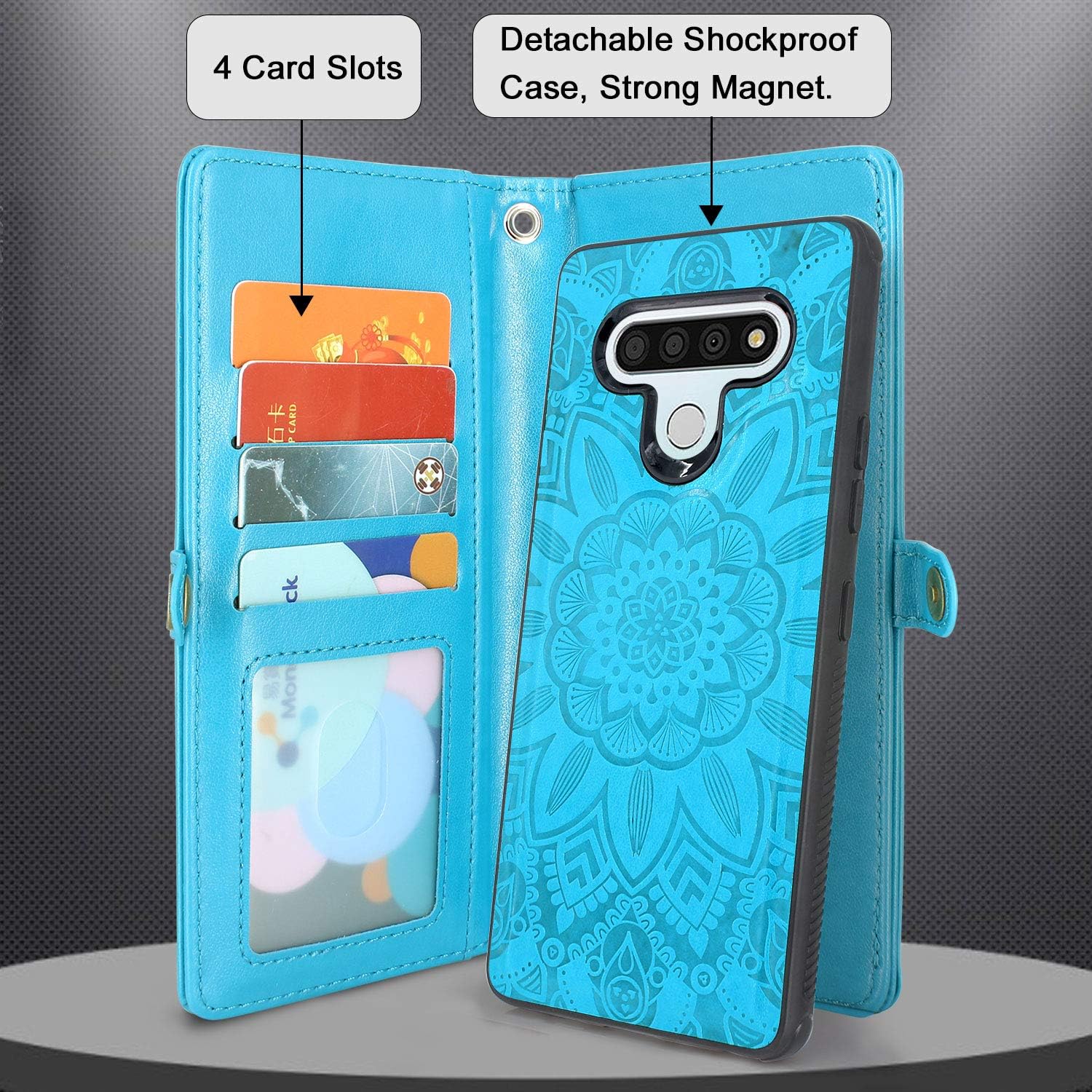 Harryshell Detachable Magnetic 12 Card Slots Wallet Case Shockproof PU Leather Flip Protective Cover Wrist Strap for LG Stylo 6 (Flower Blue)
