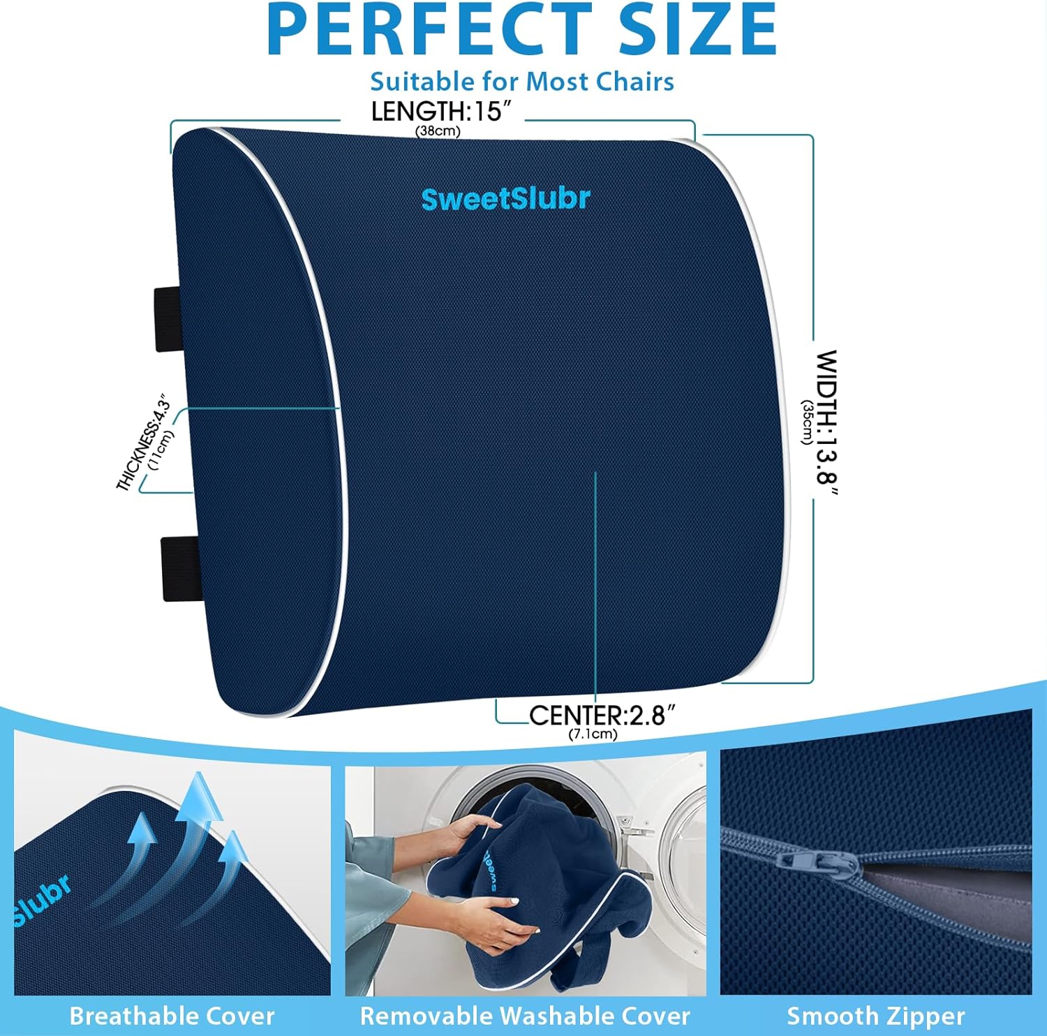 SweetSlubr Large Lumbar Support Pillow for Office Chair, Car Seats and Home Desks, Ergonomic Back Support with Double Adjustable Straps, Machine Washable Cover, Gray