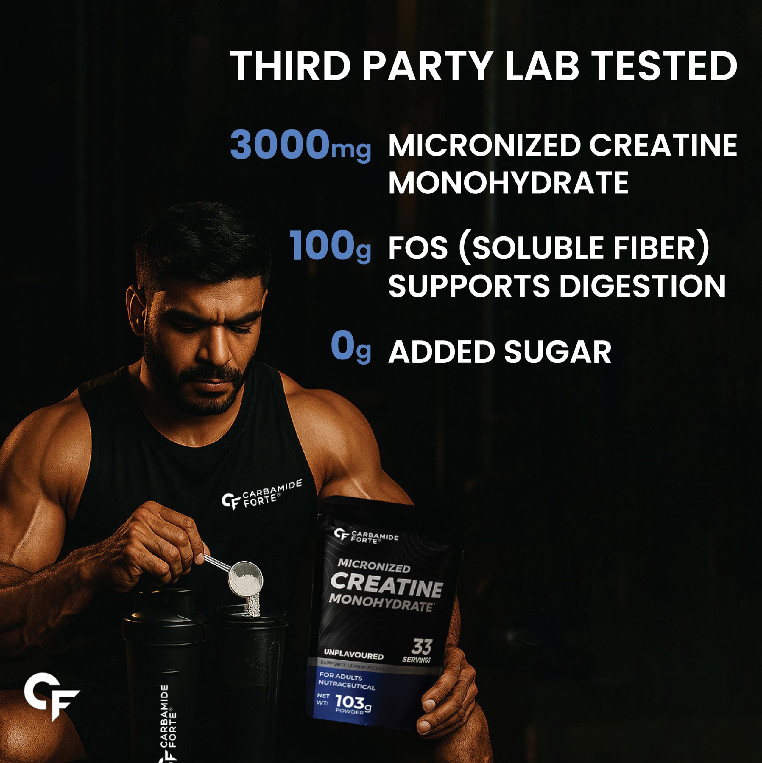 Carbamide Forte Creatine Mono hydrate Powder | Micronized Monohydrate Creatine 103gm | Micronized Monohydrate Supplement for Lean Muscle, Strength & Energy - Unflavoured - 33 Servings - 103g - Image 5 thumbnail