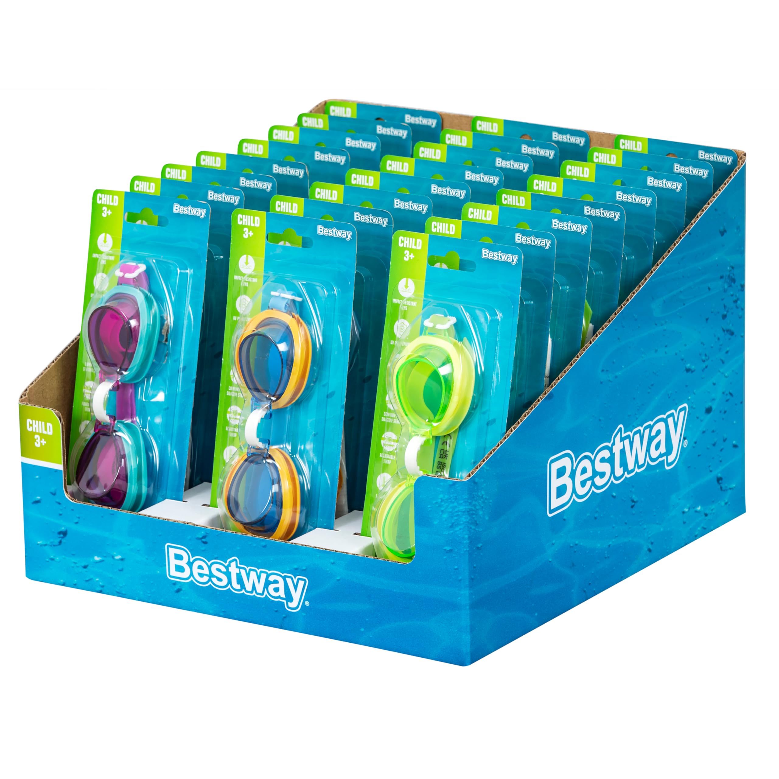 Bestway® Verkaufsdisplay für Schwimmbrille Aqua Burst Essential™ ab 3 Jahren, 24 Stück, sortiert