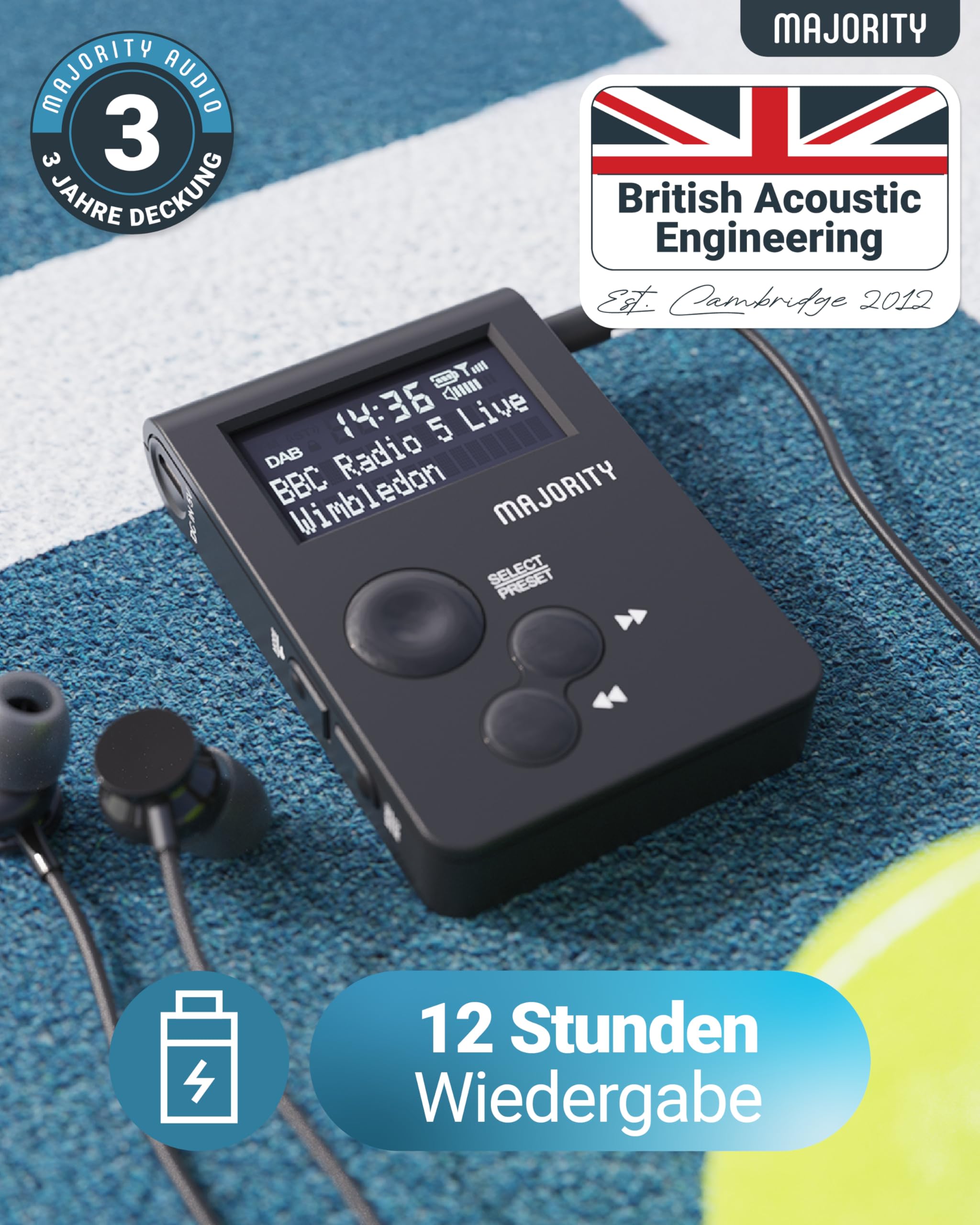 Tragbares DAB/DAB+-Radio für die Hosentasche | Persönliches FM-Radio mit Sportclip | Wiederaufladbarer 12-Stunden-Akku | USB-C-Ladung und Kopfhörer im Lieferumfang enthalten | MAJORITY Petersfield Go