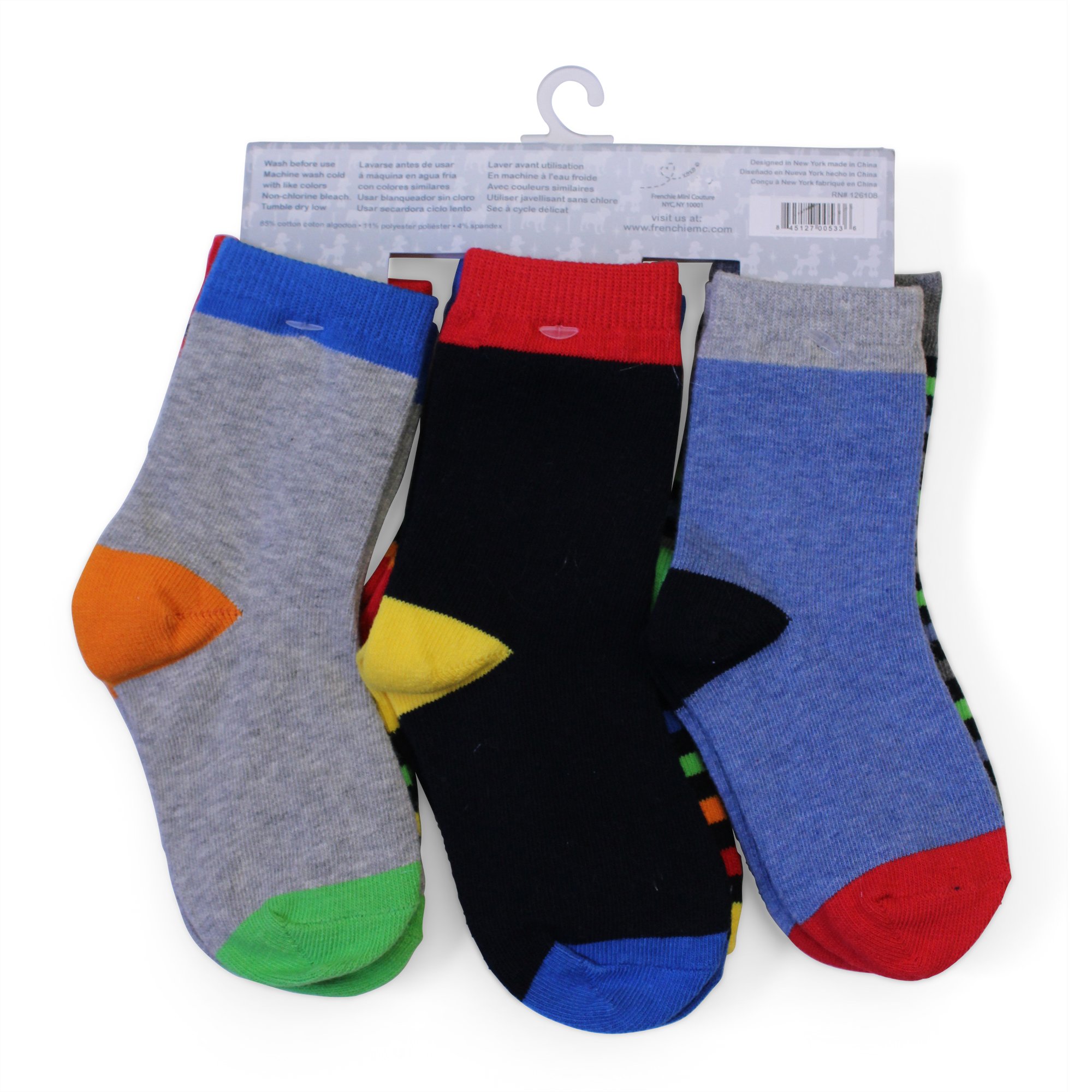Frenchie Mini Couture Stripe & Solid Boys Baby/Infant/Toddler 85% COTTON Fun Colorful Crew Socks, 6-pack; 3-6 months