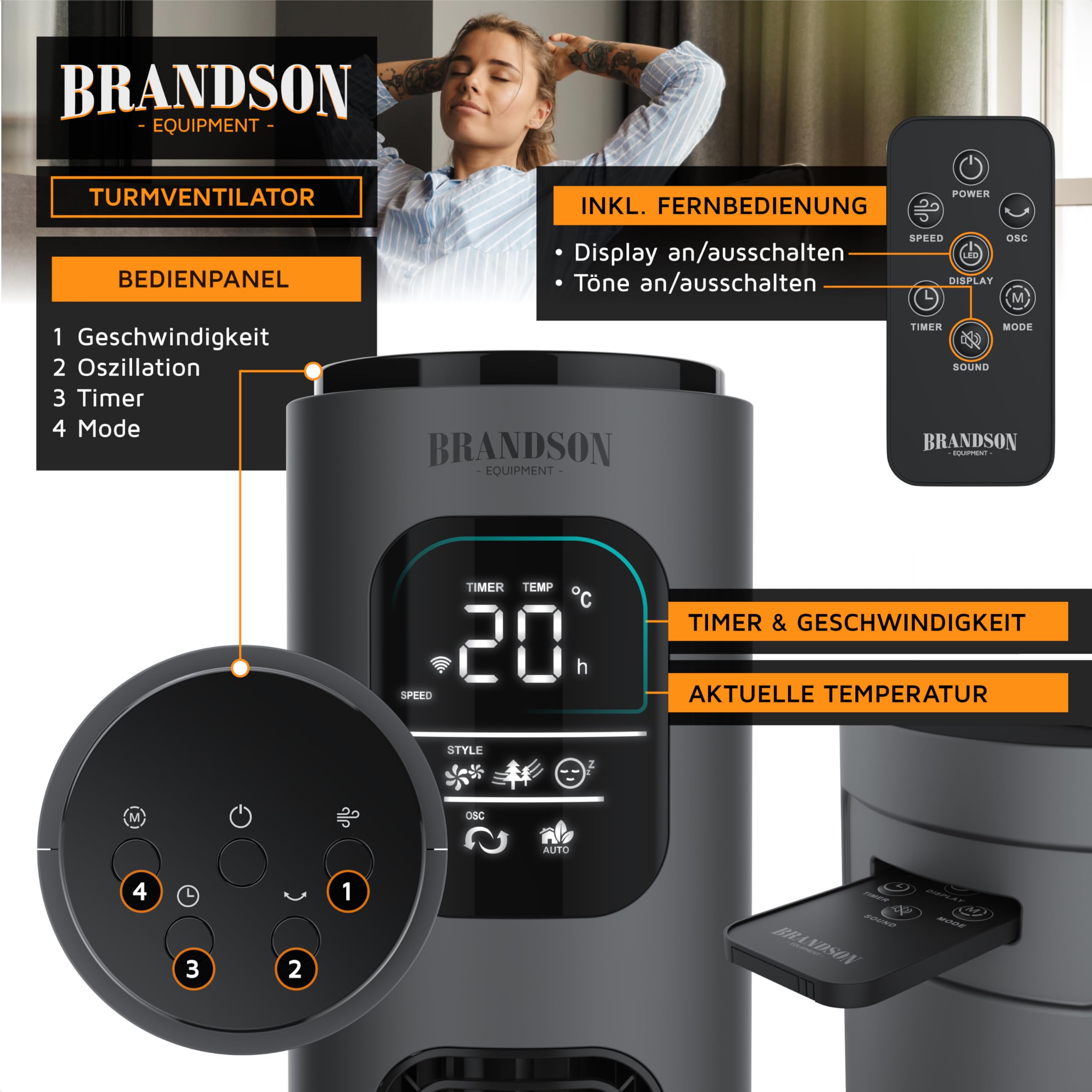 Brandson - Turmventilator ECO mit DC Motor - sehr leise – Wlan Smart Home mit App/WiFi Alexa Sprachsteuerung - mit Fernsteuerung – Sieger Ventilatoren und Luftkühler 2026 - Anthrazit
