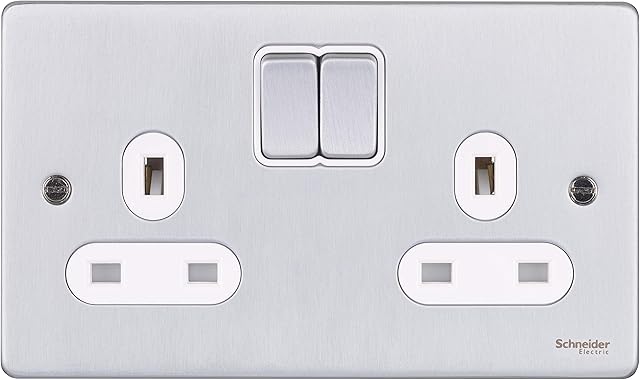 Schneider Electric Ultimate Low Profile - Switched Double Power Socket, 13A, GU3520WBC, Brushed Chrome with White Insert