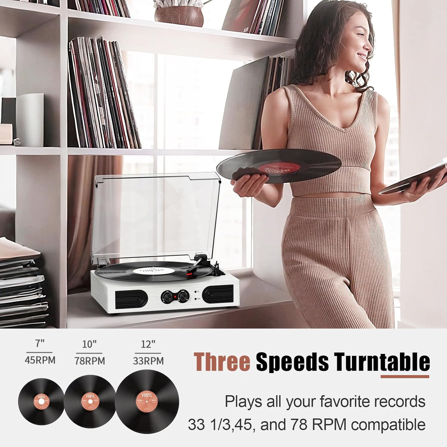 Image showing 7, 10, and 12 inch vinyl records with corresponding RPMs