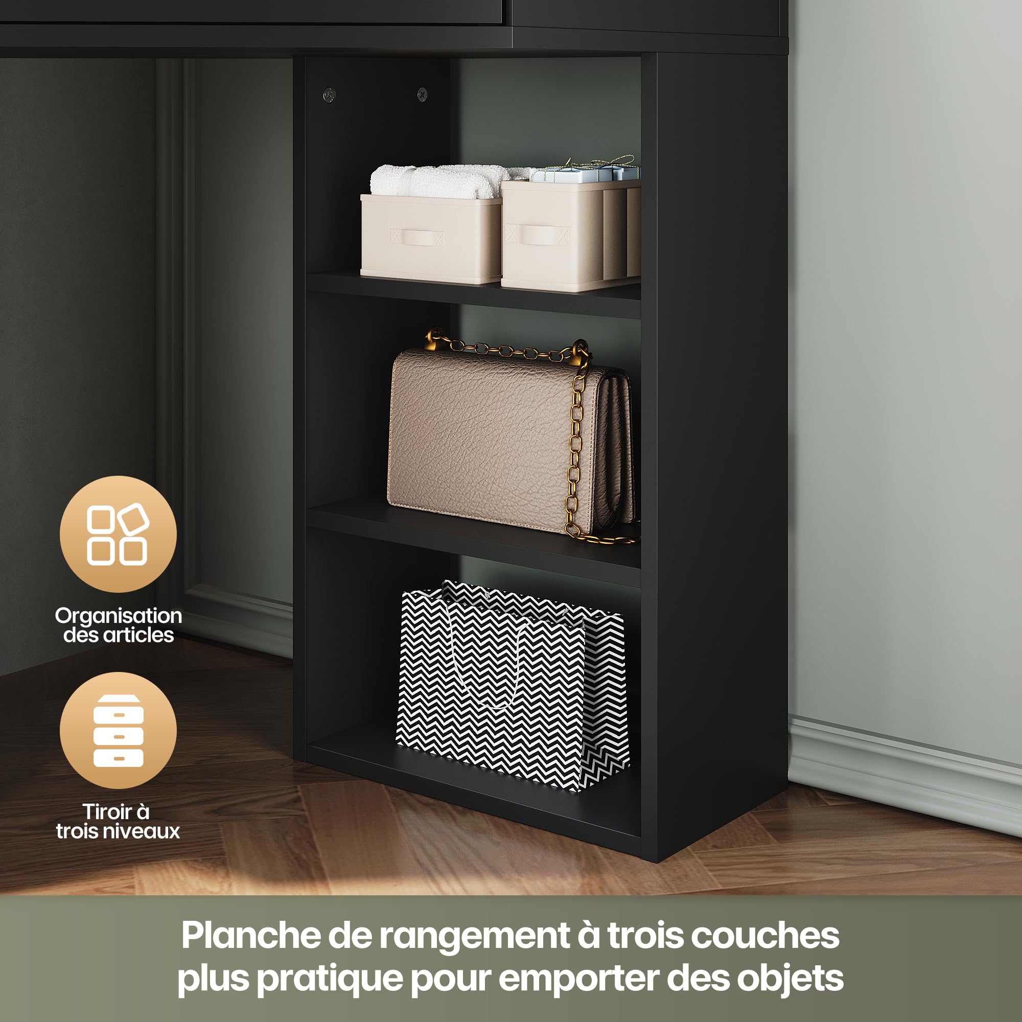 SIRHONA Coiffeuse d'angle avec lumière LED Réglable, Coiffeuse avec 2 étagère 3 Tiroirs, Table de Maquillage Noir pour Chambre à Coucher 111 x 54 x 141.5 cm