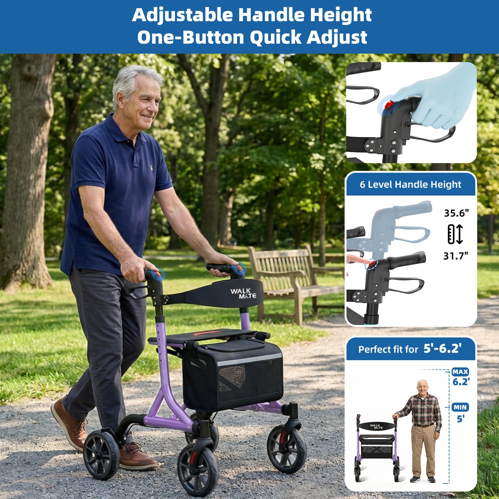 WALK MATE Andador con ruedas para personas mayores con soporte para tazas, botón de presión mejorado para ajustar la altura, ruedas de 4 x 8 pulgadas con asiento respaldo acolchado, plegable, ligera,