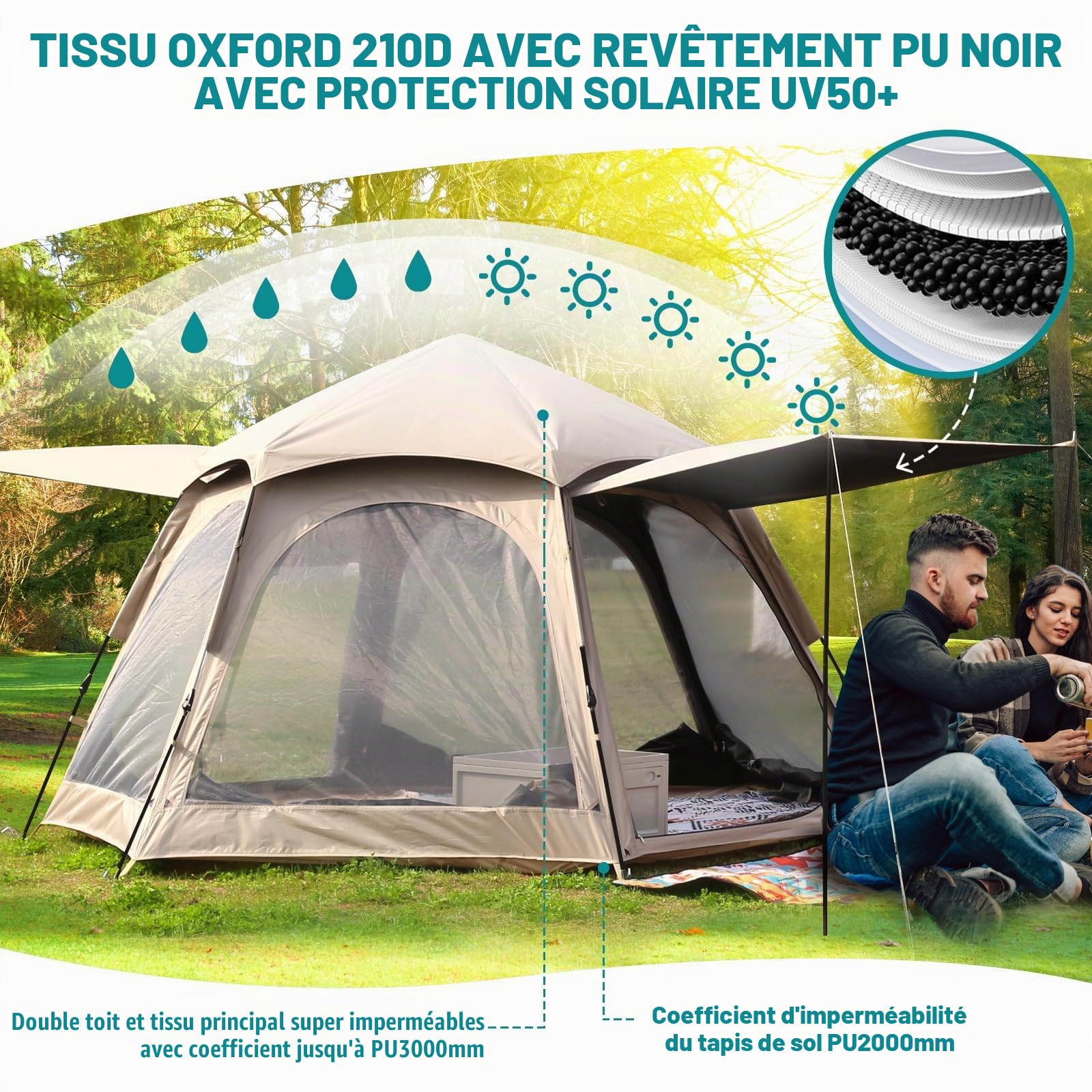 Chihee Tentes de Camping Pop Up Tente hexagonale Montage Facile Polyester Enduit PU instantané Cabane familiale avec Rainfly Imperméable Protection UV Imperméable à l'eau Abri extérieur
