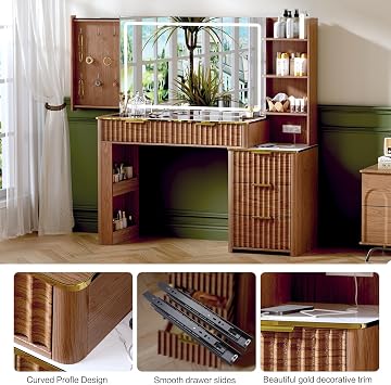 51 Vanity Desk with Power Outlet, Makeup Vanity with Mirror and Lights, 3 Lighting Modes, Vanity Table with Glass Top, 5 Drawers, and Jewelry Storage,Brown