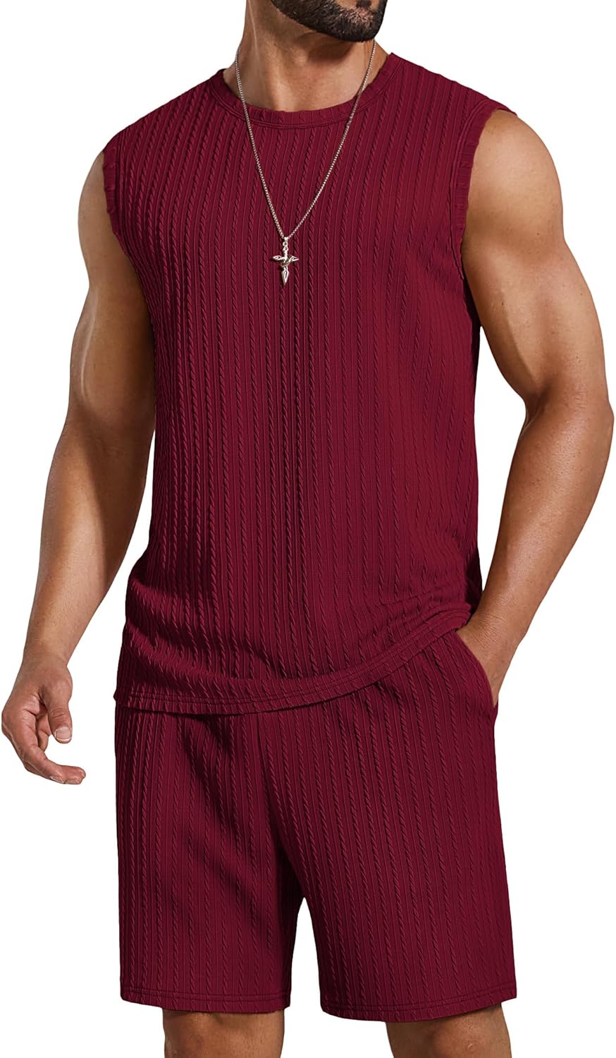 COOFANDY Men’s 2 Piece Outfits Beach Knit Jacquard Sleeveless Shirt and Shorts Sets Summer Athletic Vacation Set