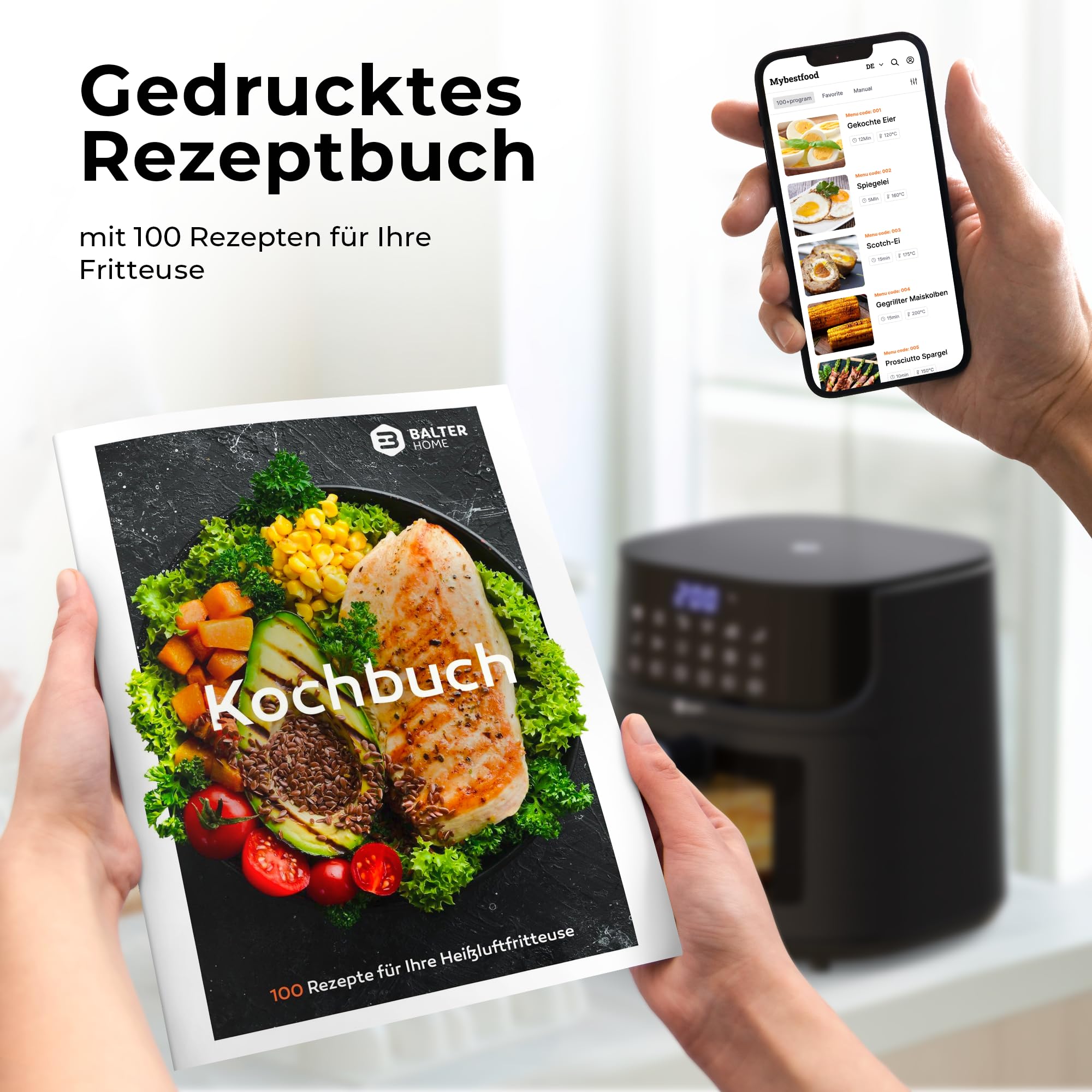 Balter Heißluftfritteuse Airfryer, 5,5 L, Friteuse Heissluftfritteuse XXL mit Sichtfenster, 12 Programme, all-in-1 Air Fryer, inkl. 100 Rezepte, HL-551T