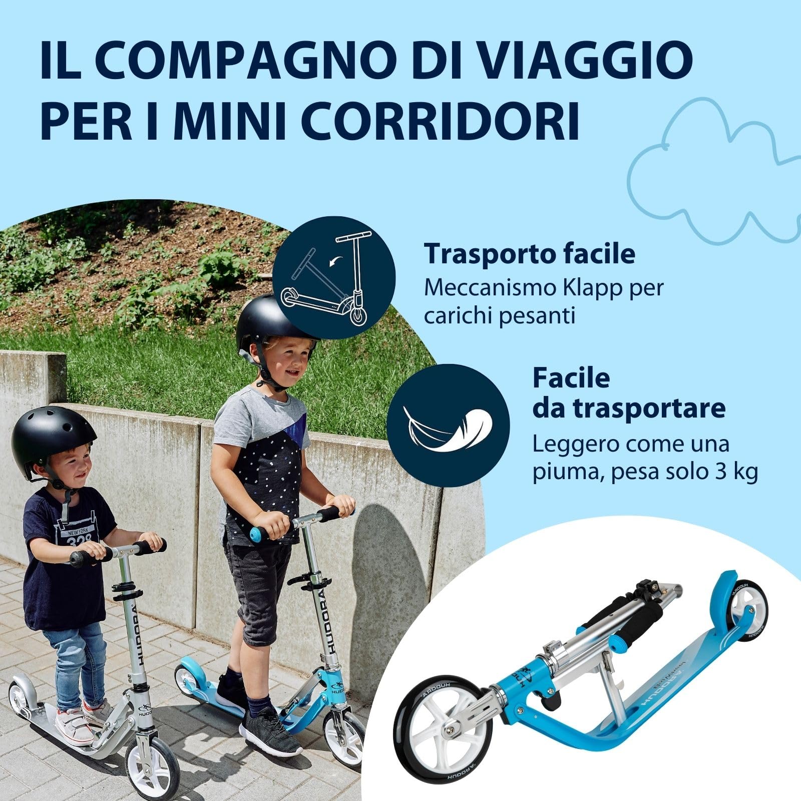 HUDORA Little BigWheel Scooter, monopattino sicuro in alluminio per bambini a partire da 3 anni, monopattino da città regolabile in altezza e pieghevole fino a 100 kg