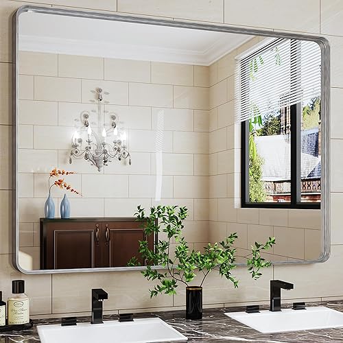 Miniatura 2 de Suidia Espejo de baño, 30 x 40 pulgadas, montado en la pared, cepillado con esquinas redondeadas, marco de metal, espejo rectangular de tocador de