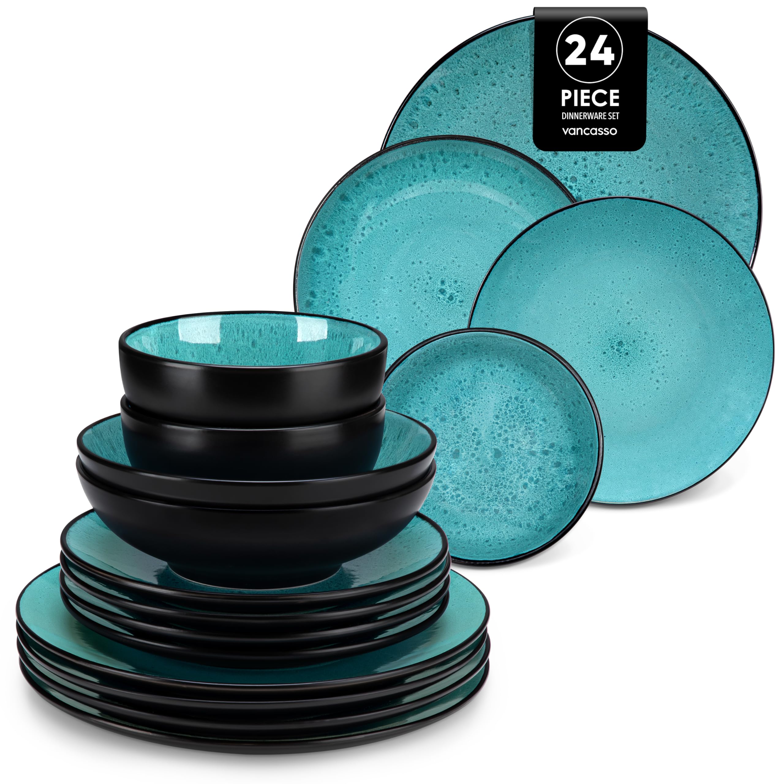 vancasso Bubble Green Dinner Set, 24 Pieces Dinner Sets for 6 People, Reactive Glaze Plates and Bowls Set in Vintage Look, Include Dinner Plates, Dessert Plates, Pasta Bowls and Soup Bowl