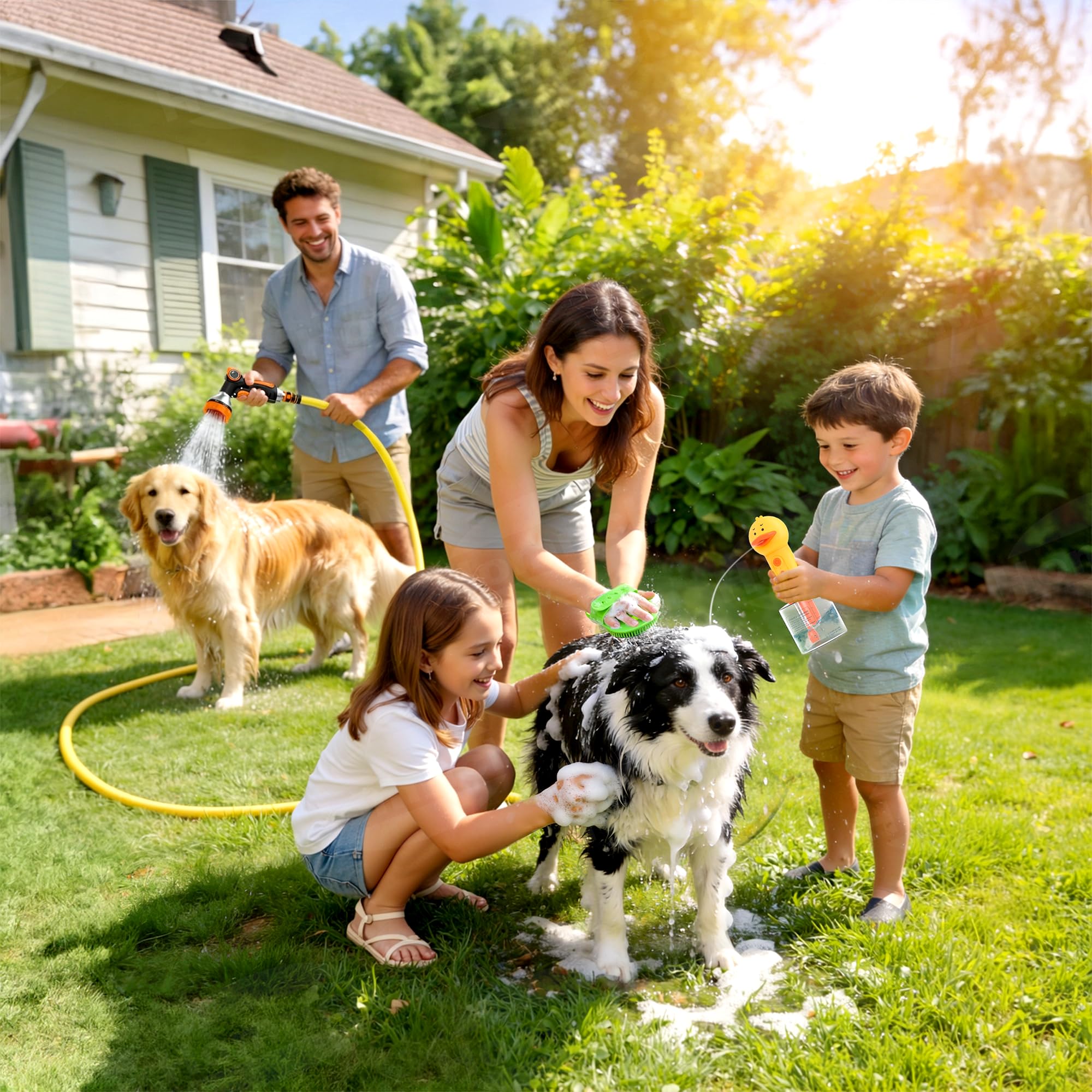 Hundedusche Schlauch-Set 14-teilig – 3m Gartenschlauch für Außenwasserhahn mit Warm-/Kalt-Adapter, Y-Verteiler & 8-Sprühmodi-Pistole – Ideal für Hundepfotenreinigung, Haustierbad, Garten & Autowäsche