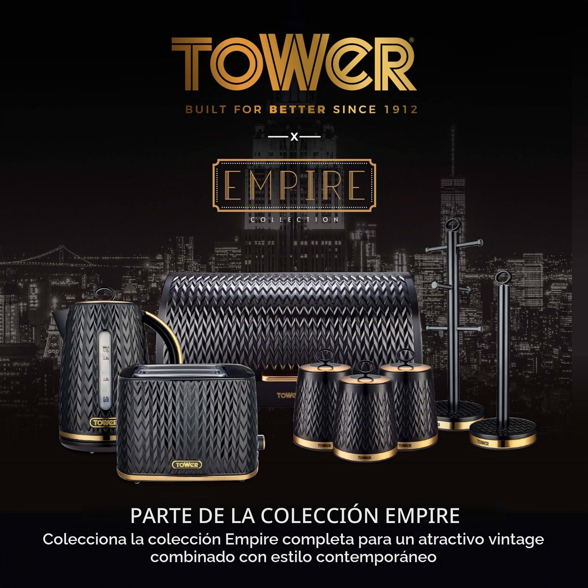 Tower T826090BLK Empire - Panera Enrollable de Acero Inoxidable, Color Negro y latón, Talla única