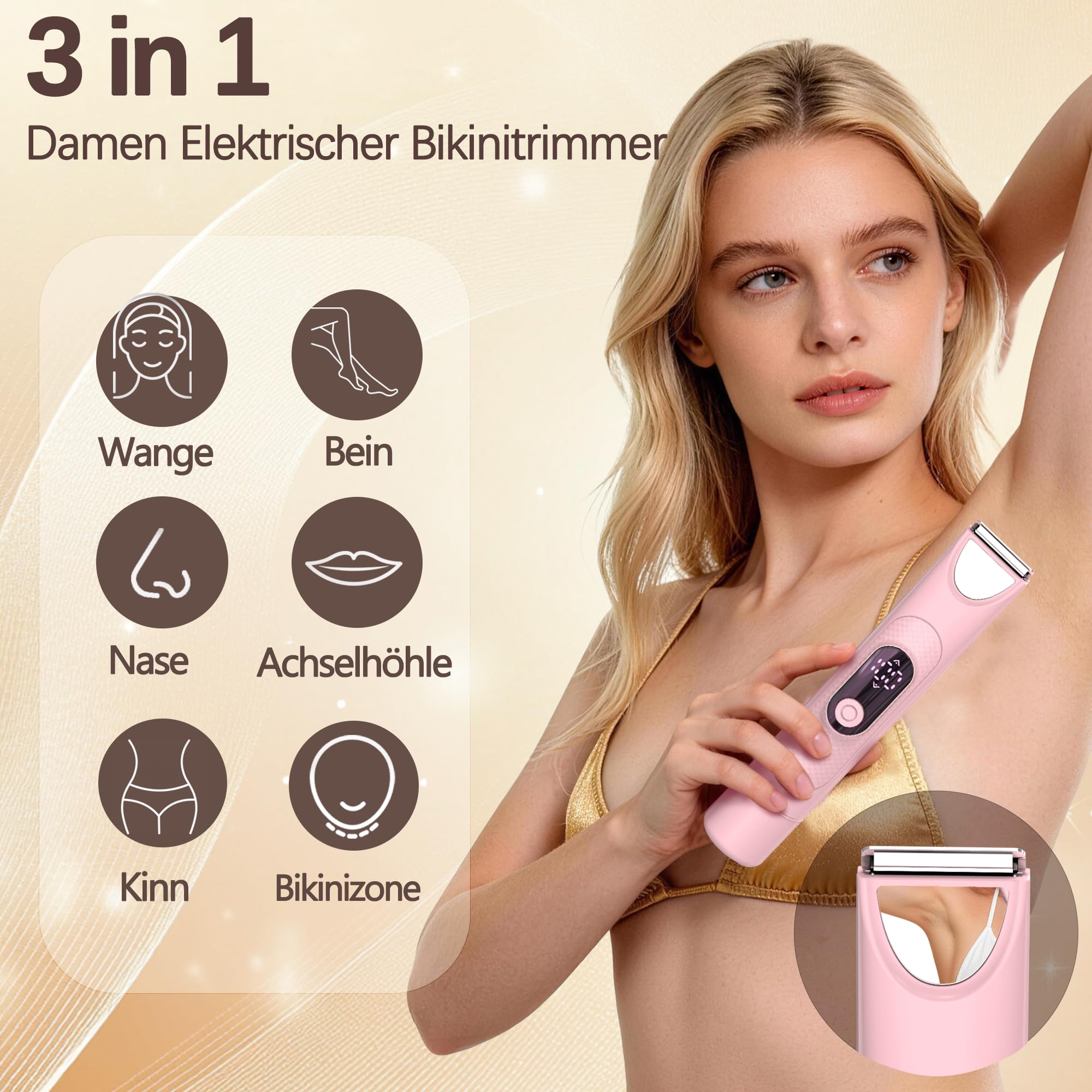 Elektrisch Rasierer Damen, 3-in-1- Elektrischer Trimmer Intimrasierer für Frauen, für Bikinizone Achseln Beine Gesicht mit LED-Anzeige, Wiederaufladbarer Damenrasierer Elektrisch Nass & Trocken, Rosa