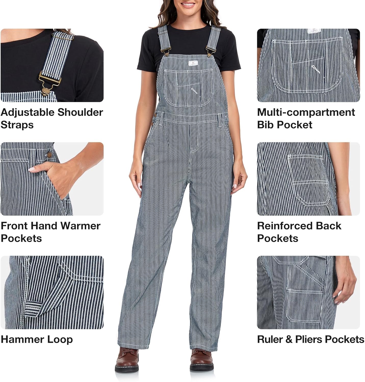 HISEA Women's Hickory Stripe Bib Overalls, Womens Relaxed Fit Overalls with Adjustable Straps and Convenient Tool Pockets - Image 4