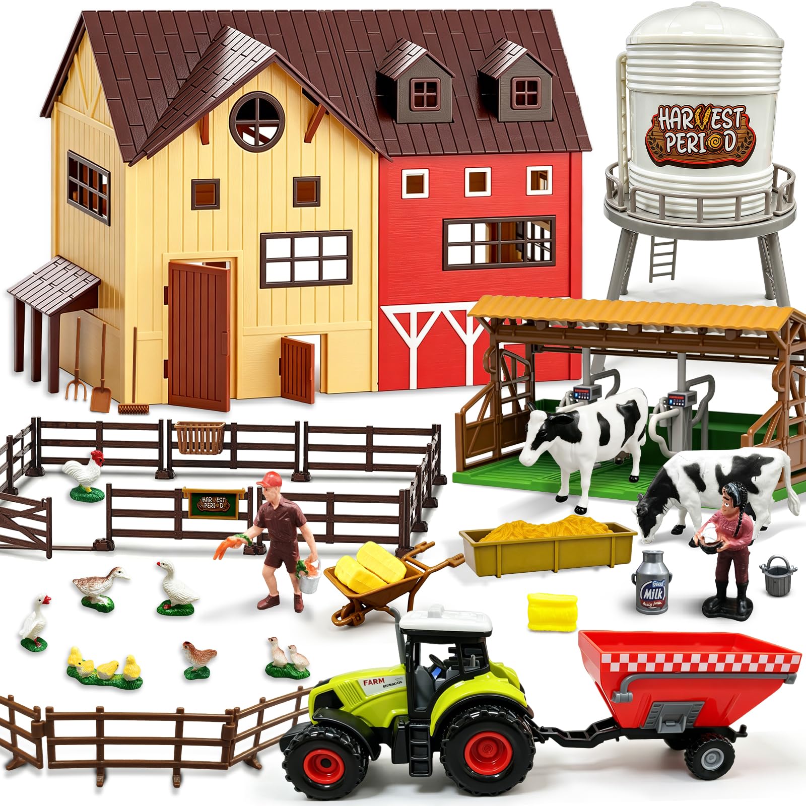 Farm Toys Playset, Farm Tractor Animal Toys for Kids Toddlers 3 4-8 | Include Tractor with Lights & Sounds, Barn, Cowshed, Fence, Birthday Gifts for Boys Girls 3 4 5 6 7 Years Old Birthday Gift
