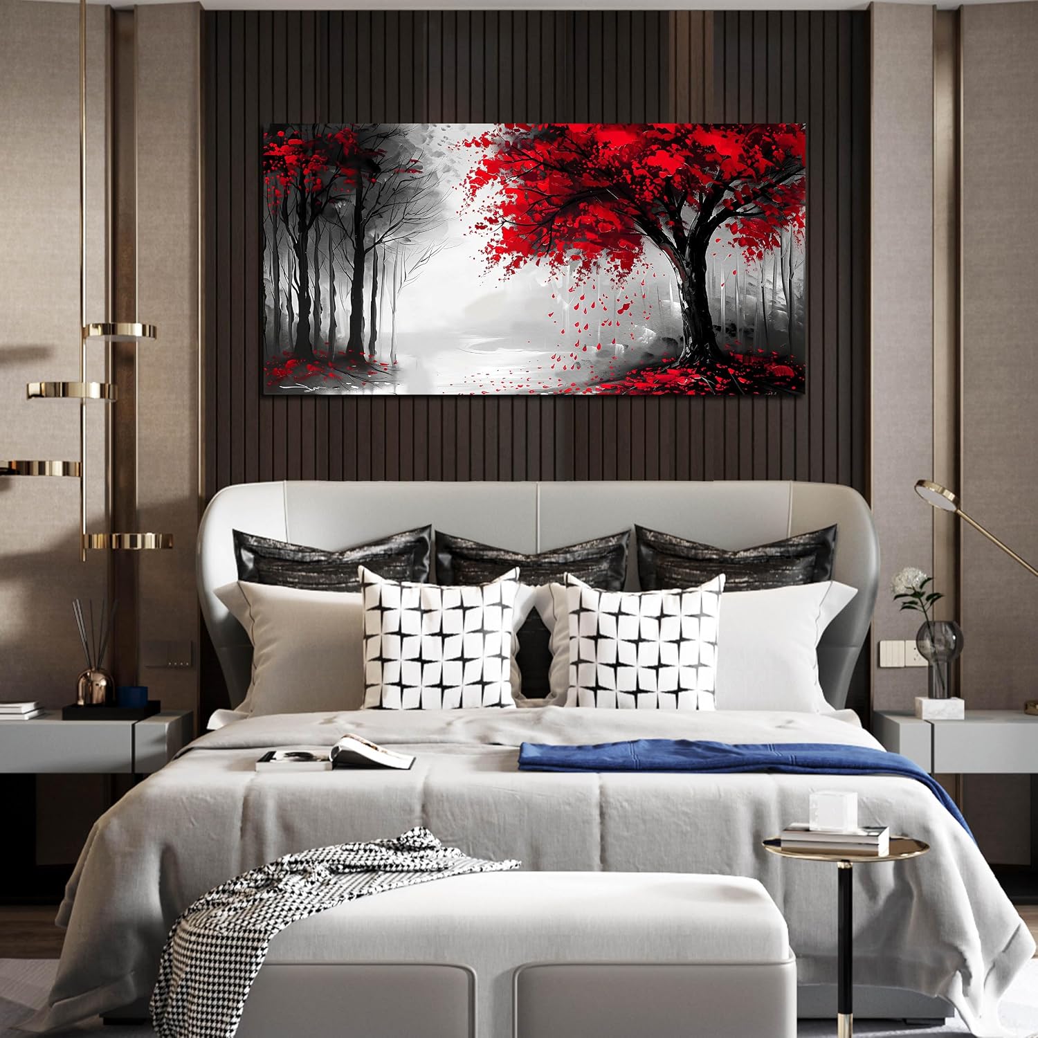 Large Canvas Wall Art for Living Room Black White and Red Forest Print Pictures Painting Framed Wall Decor for Bedroom Modern Home Plant Scenery Wall Decorations Artwork Size 24x48 Ready to Hang