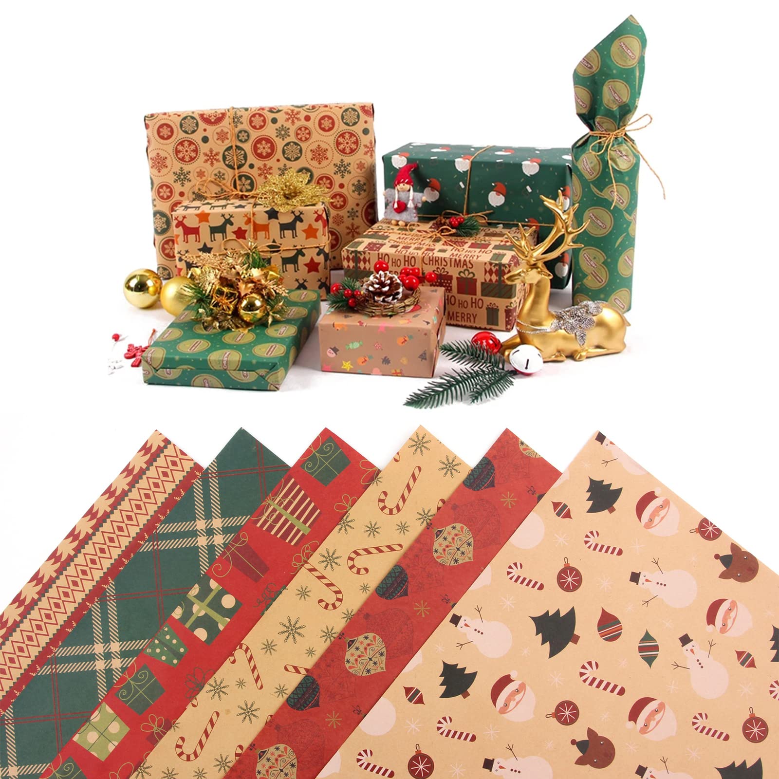Carta Da Regalo Natalizia AhfuLife 6 Fogli 70x50 Cm - Carta Kraft Riciclata, 6 Disegni Vintage, Con Spago E Etichette