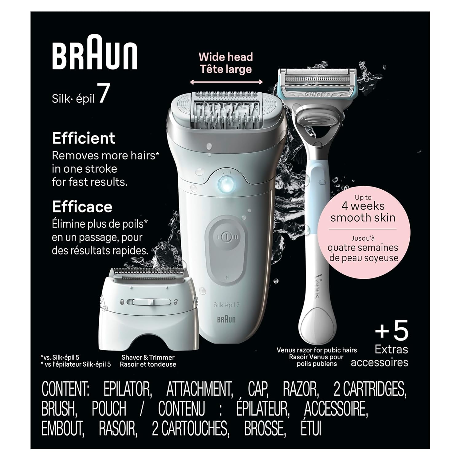 Braun Silk-Épil 7 Epilator, nat en droog, breed hoofd, inclusief Venus intiem scheermes, scheerkop en trimmerkam, SE7-141