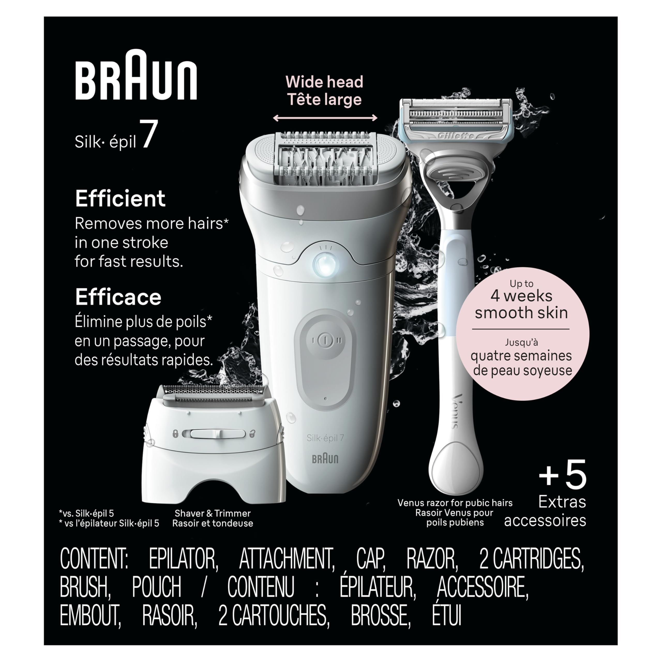 Silk-épil 7 Epilator, Wet and Dry, Wide Head, Includes Venus Intimate Razor, Shaver Head and Trimmer Comb, SE7-141