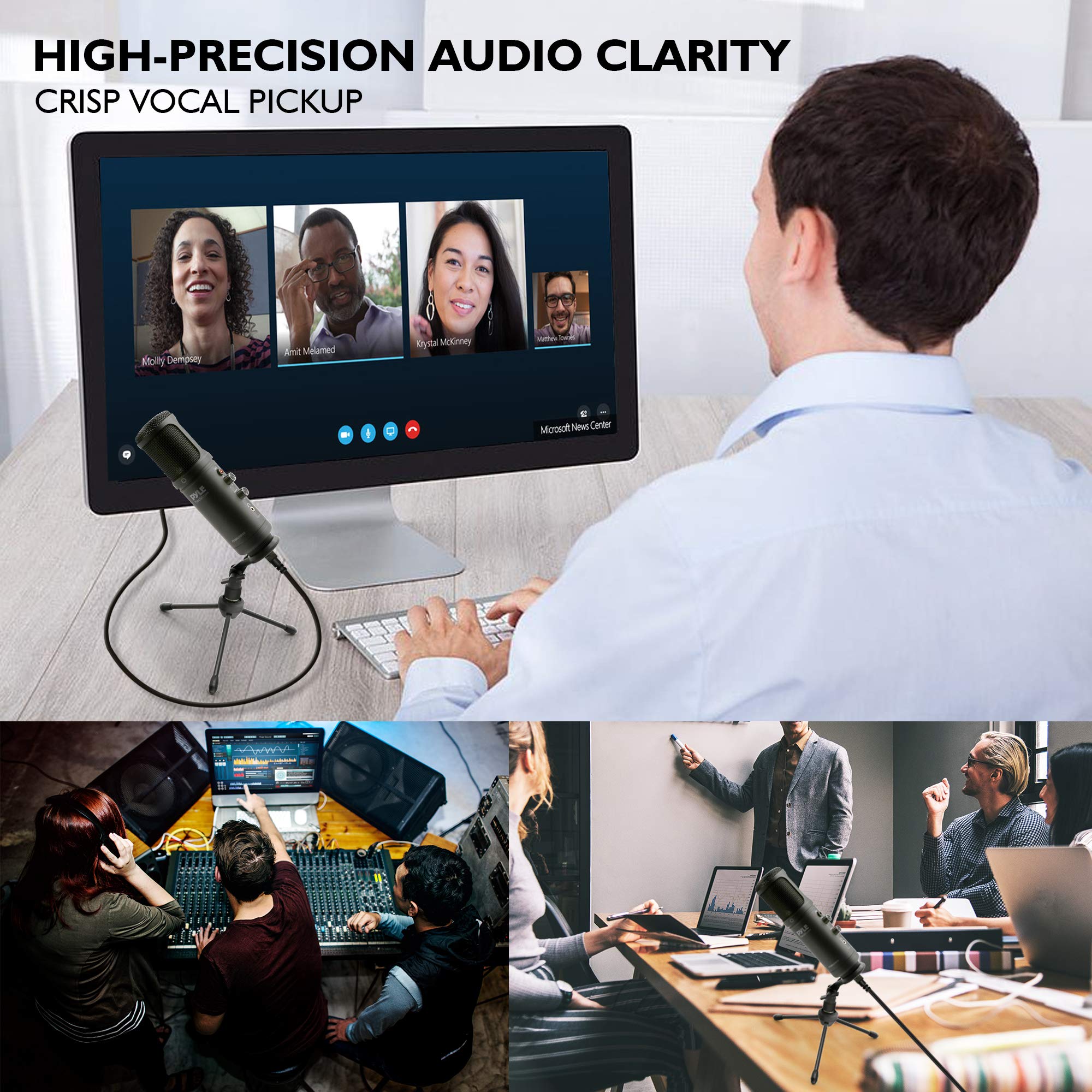 Jovial Pyle - Micrófono Condensador de grabación USB para PC, micrófono Condensador de Audio Profesional portátil, LED Azul, Ganancia Ajustable, Conector de Auriculares, Control de Silencio, Soporte