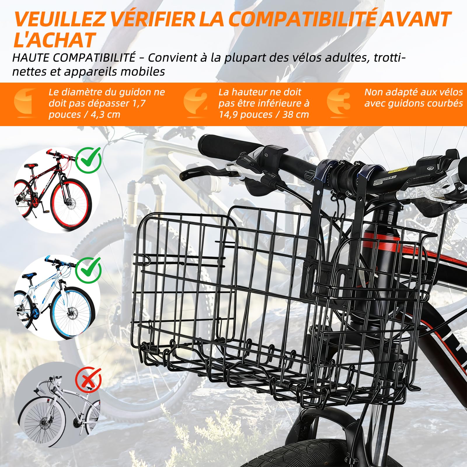 Panier de vélo unisexe pour vélo avant, amovible, grande capacité, convient pour les vélos électriques, les VTT, les vélos de ville et les vélos de loisirs. (panier avant pliable)