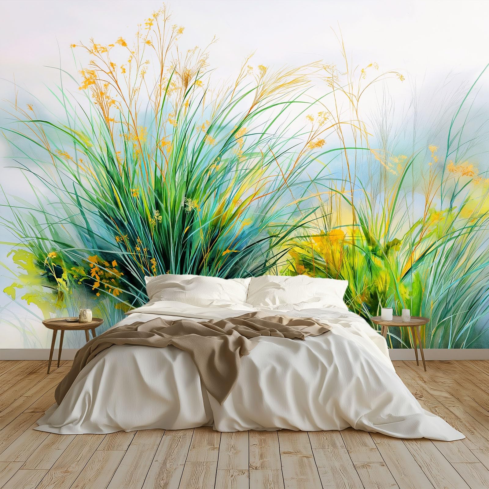 Fototapeta ścienna, natura, trawa, dzikie pola, mgła, nastrojowa, 200 x 140 cm, tapeta z włókniny premium, zielona, do sypialni, korytarza, salonu, salonu (nie samoprzylepna)