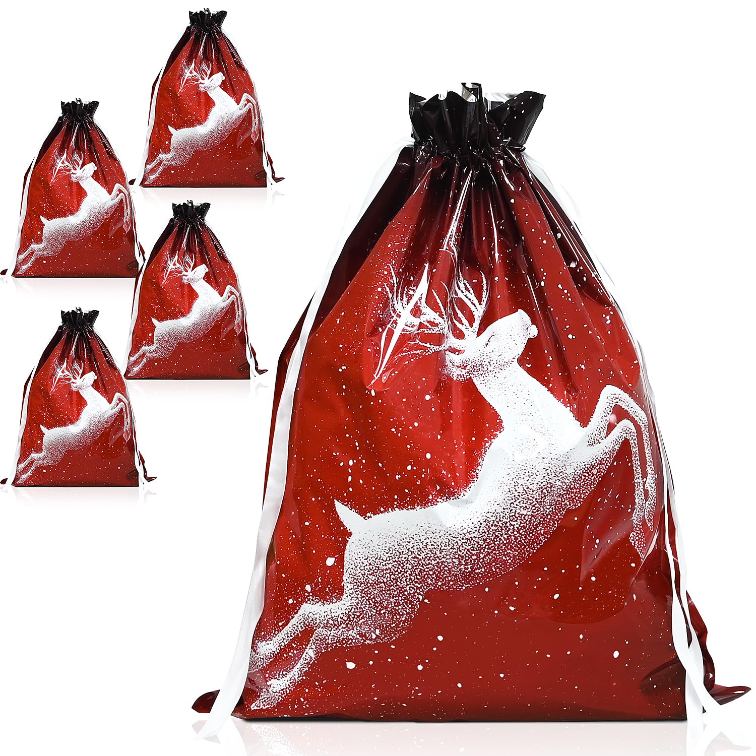 FMDPZUP Christmas Bags,4PCS Large Size 43 * 58cm Xmas Gift Drawstring Bags,Red Christmas Bag with White Shine Deer Decorations for Party