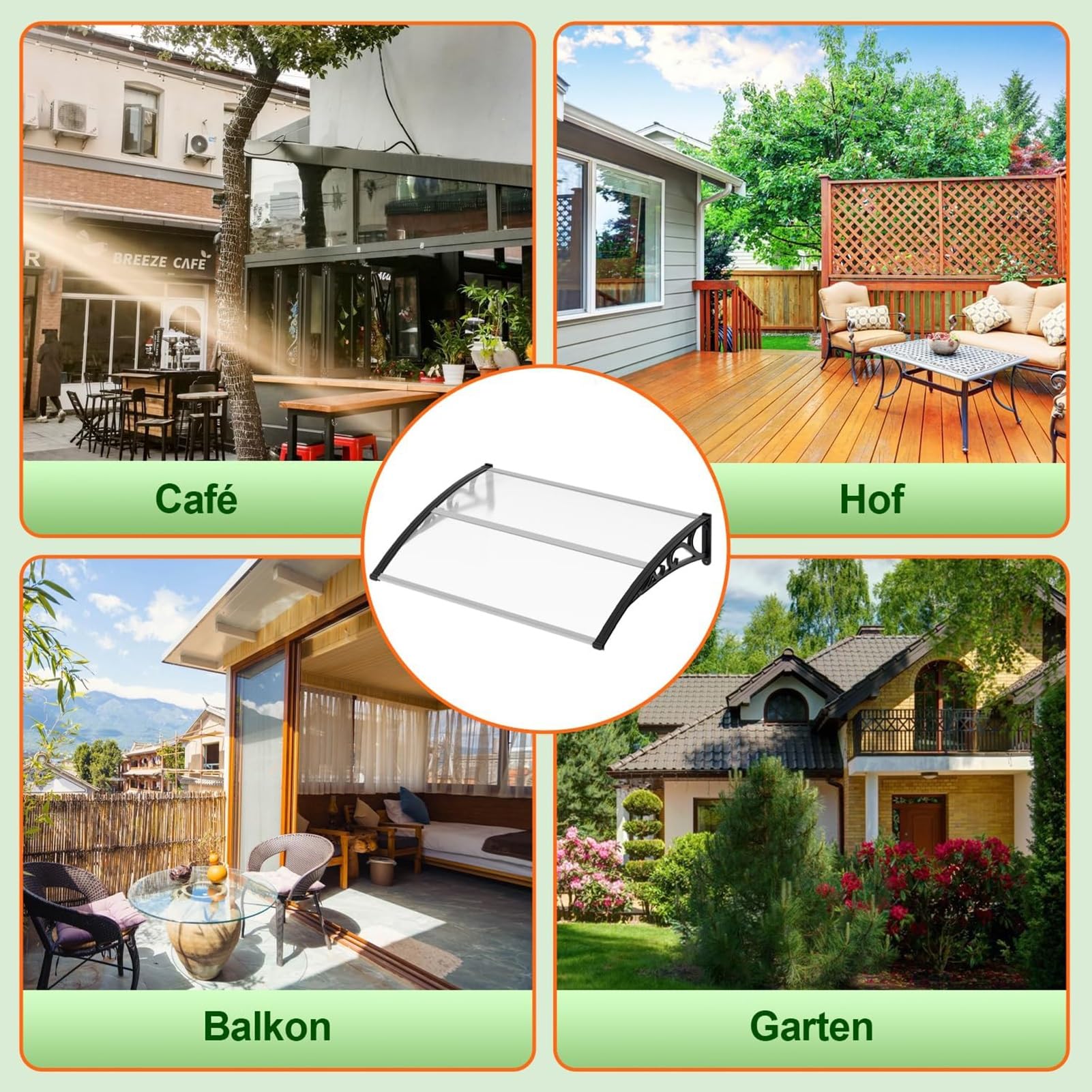 Alu-Vordach Für Haustür 120x220cm - Regenschutz Mit Teal Polycarbonat Dach & Schwarzem Gestell