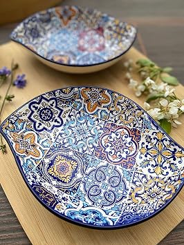 Portuguese Pottery Alcobaca Ceramic Side Dish Serving Bowl - Set of 2, Blue, 8 inch x 5.5 inch x 1.75 inch