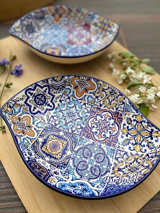Portuguese Pottery Alcobaca Ceramic Side Dish Serving Bowl - Set of 2, Blue, 8 inch x 5.5 inch x 1.75 inch