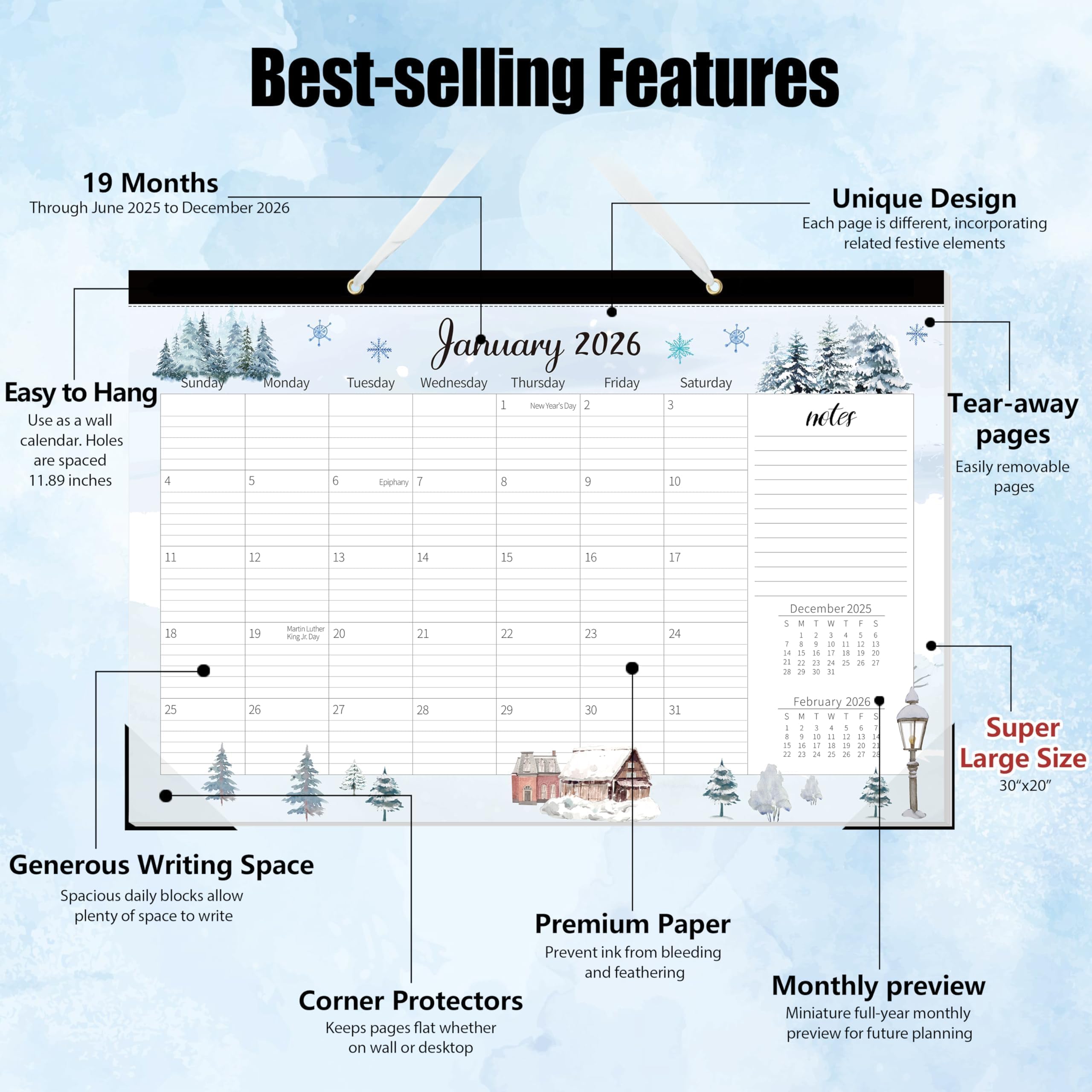 GuassLee Calendario da scrivania extra large 2025-2026, 19 mesi, 50,8 x 76,2 cm, da giugno 2025 a dicembre 2026, grande agenda mensile con design ad acquerello per ufficio, scuola e casa