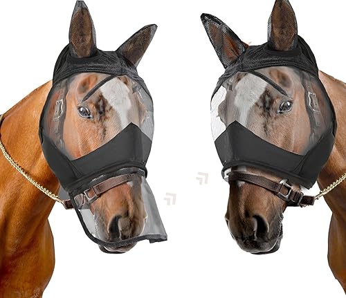 Máscara de mosca de caballo con orejas, nariz larga, cara completa, cubierta de red nasal extraíble a través de cremallera, malla suave protección