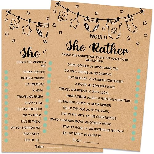 Baby Shower Game, Would She Rather, Baby Shower Ideas, Party Activities Ideas Supplies, Baby Shower Party Games Supplies & Activities, 30 Game Cards Included, Kraft