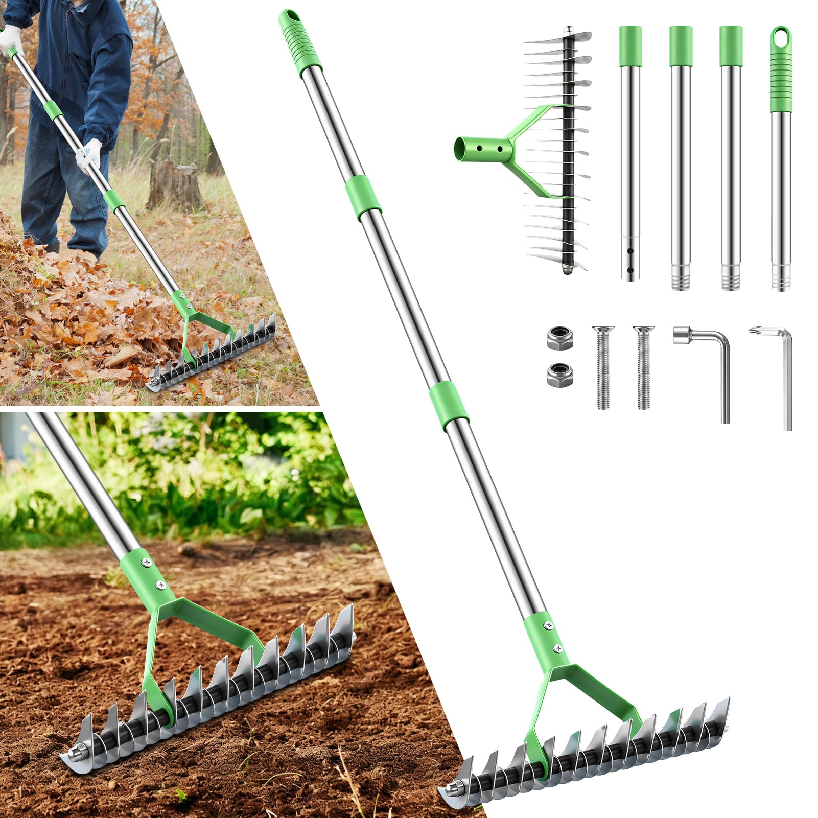Rastrillo de paja para césped, rastrillos de jardín con mango ajustable de 160 cm con 21 dientes, rastrillo de jardín de 32 cm de ancho, resistente, rastrillos de césped para aflojar el suelo, césped